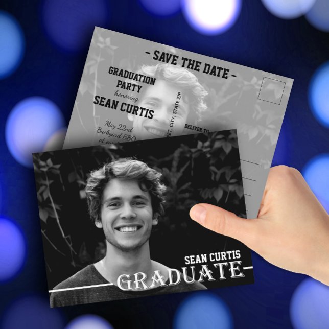 Carte Postale GRADUER la photo Enregistrer la date (Photo graduation Save the Date postcards feature your details on the back)