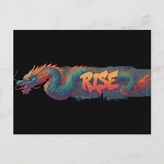 Carte Postale Graffiti Stylisé Dragon Mural avec Bold 'RISE' (Devant)