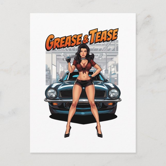 Carte Postale Graisse & Tease – Fille Pin-Up Hot Rod (Devant)