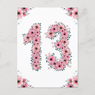 Carte Postale Grand 13e Anniversaire Fleurs Roses Fille Feuillag