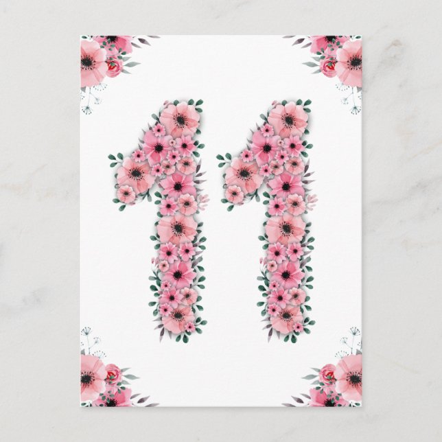 Carte Postale Grand Anniversaire 11 ans Fleurs Roses Fille Feuil (Devant)