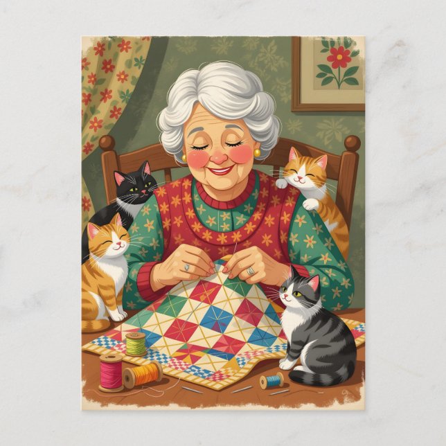 Carte Postale Grand-mère quilteuse cosy avec des chats (Devant)