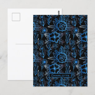 Carte Postale Grand motif fleuri bleu nom personnalisé