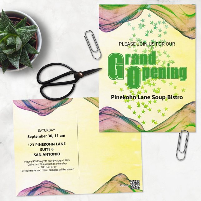 Carte Postale Grand Ouverture Vert Aquarelle Jaune Vague Étoiles (Créateur téléchargé)