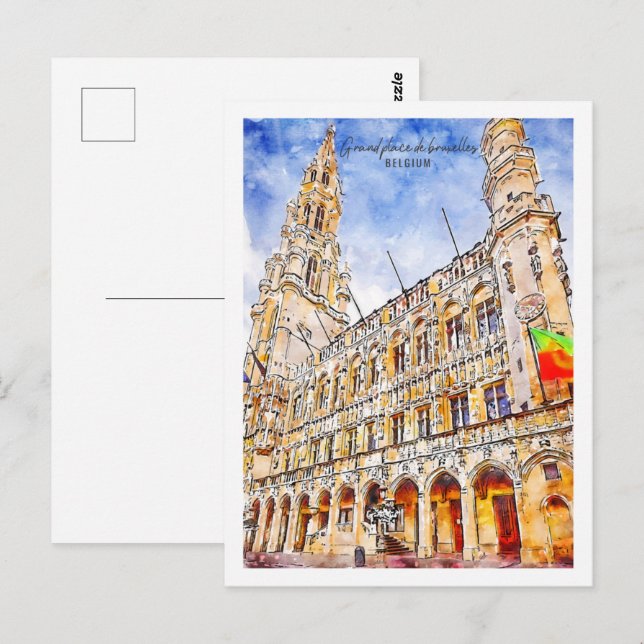 Carte Postale Grand-Place de bruxelles Lieu de voyage Aquarelle (Devant / Derrière)