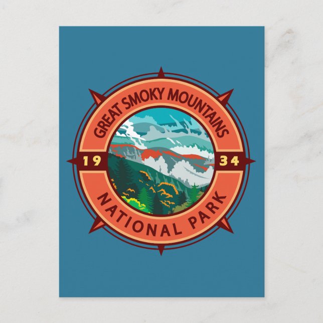 Carte Postale Grand Smoky Mountains Parc national Retro Compass (Devant)