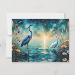 Carte Postale Grande Héron bleu & fleurs d'Aigrette dans l'eau