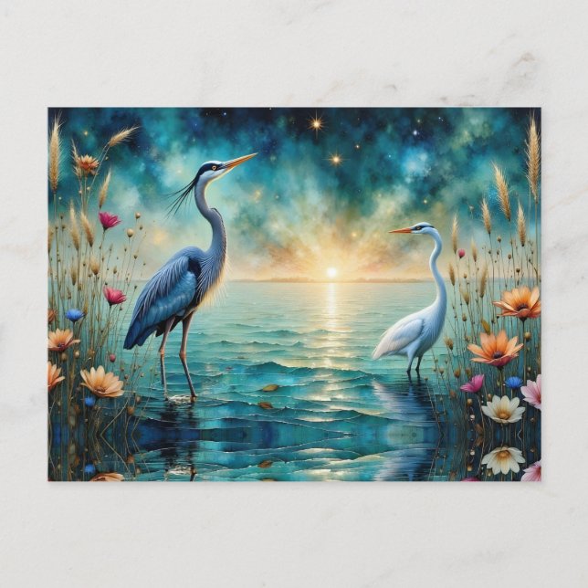 Carte Postale Grande Héron bleu & fleurs d'Aigrette dans l'eau (Devant)