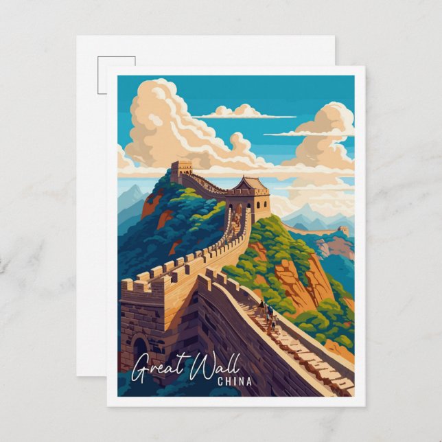 Carte Postale Grande Muraille Chine Art illustration de voyage v (Devant / Derrière)