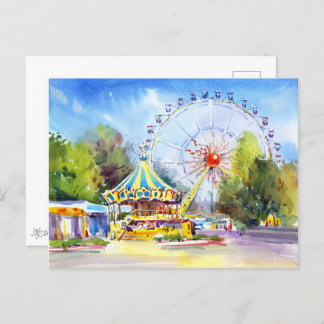 Carte Postale Grande roue. L'aquarelle du parc d'attractions.