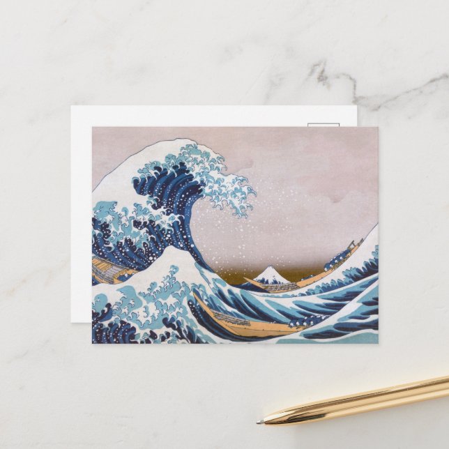 Carte Postale Grande vague du tsunami Kanagawa Japon par Hokusai (Devant/Arrière en situation)