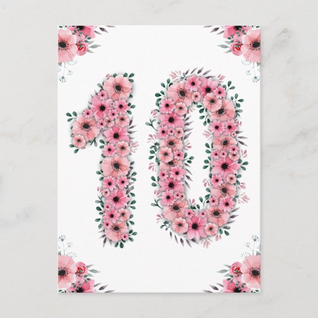 Carte Postale Grands 10e Anniversaire Fleurs Roses Fille Feuilla (Devant)