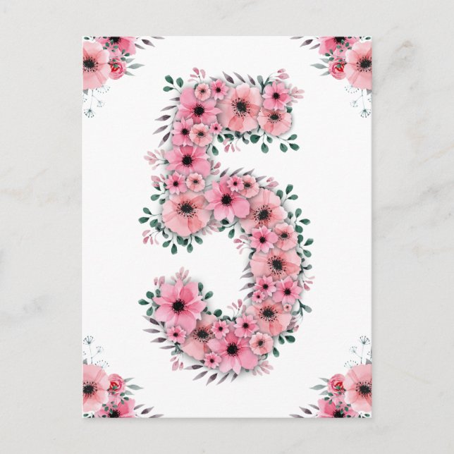 Carte Postale Grands 5e Anniversaire Fleurs Roses Fille Feuillag (Devant)