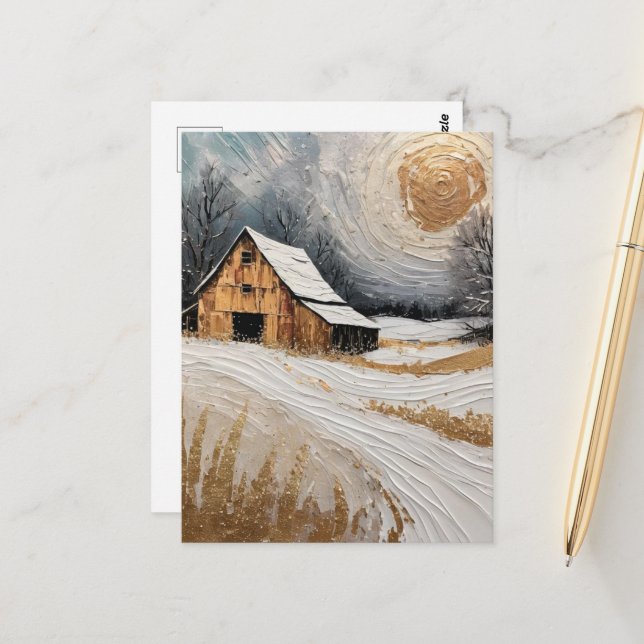 Carte Postale grange d'hiver avec détails dorés (Devant/Arrière en situation)
