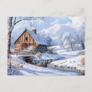 Carte Postale Grange d'hiver rustique par ruisseau gelé