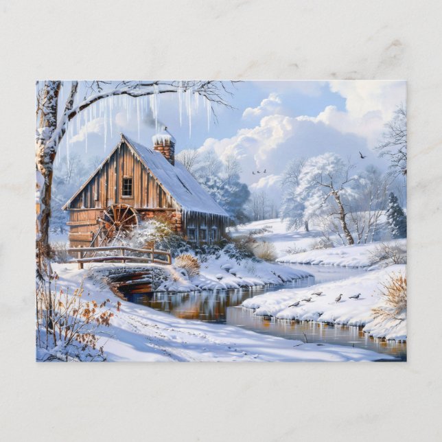 Carte Postale Grange d'hiver rustique par ruisseau gelé (Devant)