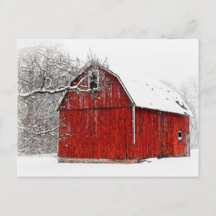 Carte Postale Grange rouge austère et nu en hiver