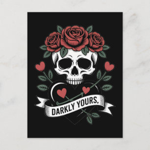 Carte Postale Graphique Darkly Yours : Crâne gothique avec roses