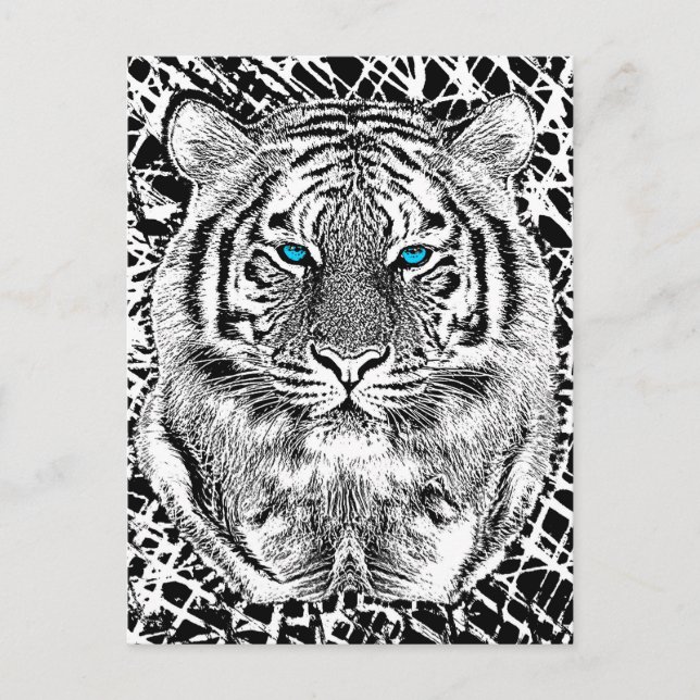 Carte Postale Graphique de tigre noir et blanc aux yeux bleus (Devant)