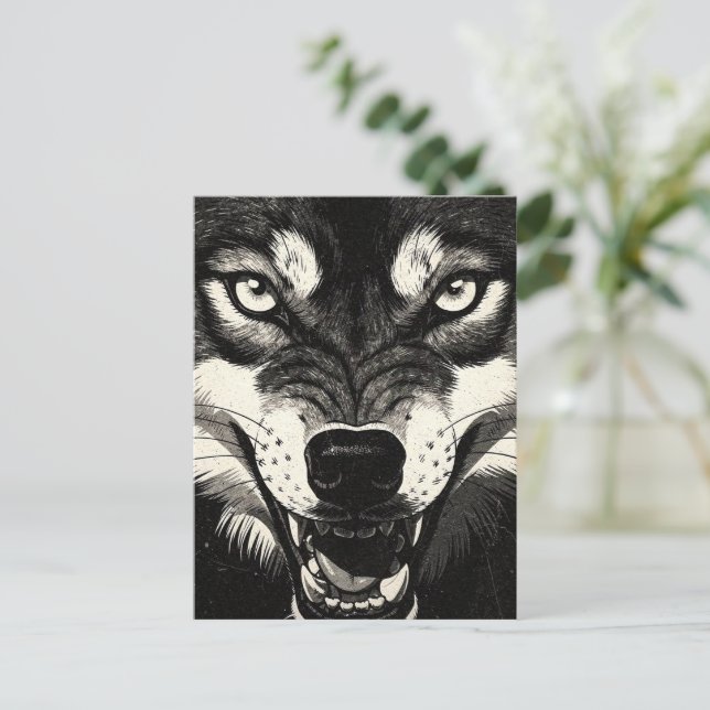Carte Postale Graphisme Loup qui Grogne BW Style 50s  (Debout devant)