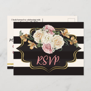 Carte Postale Gras noir, rayures d'ivoire, fleurs RSVP