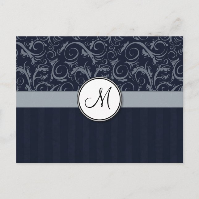 Carte Postale Gray and Navy Floral Wisps & Stripes avec Monogram (Devant)