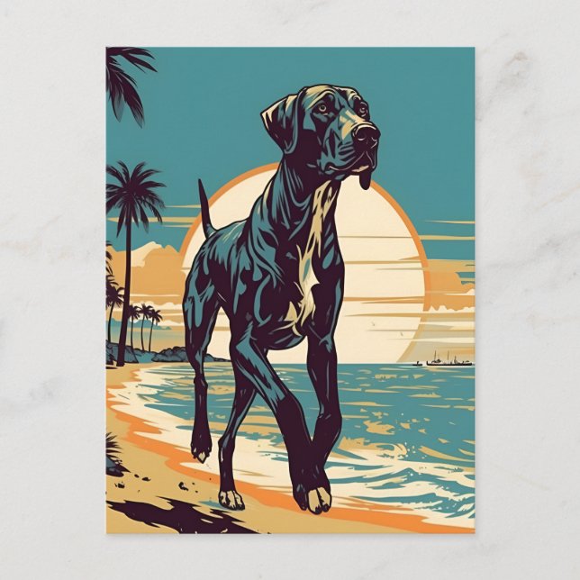 Carte Postale Great Dane sur une plage tropicale au coucher du s (Devant)