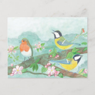 Carte Postale Great Tit Birds chantant sur un arbre en fleurs