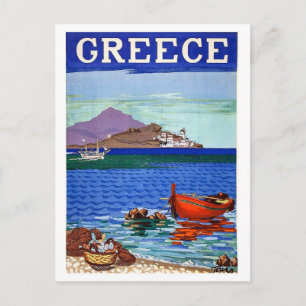 Carte Postale Grèce, côte, bateau de pêche dans l'eau, vintage