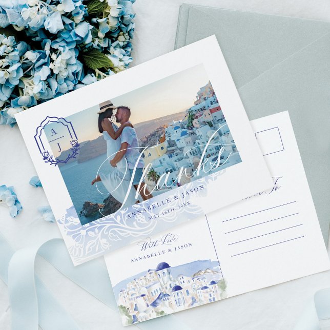 Carte Postale Grèce Mariage Merci script Monogramme photo (Greece Wedding Thank You Script Monogram Photo Postcard)