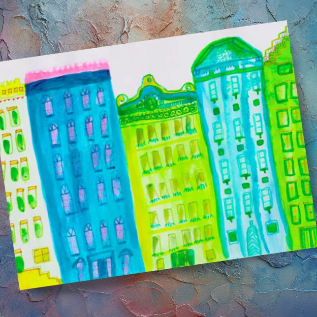 Carte Postale Green Blue Cityscape Apartments New York Street (Colorful watercolor cityscape apartment office buildings custom postcard)