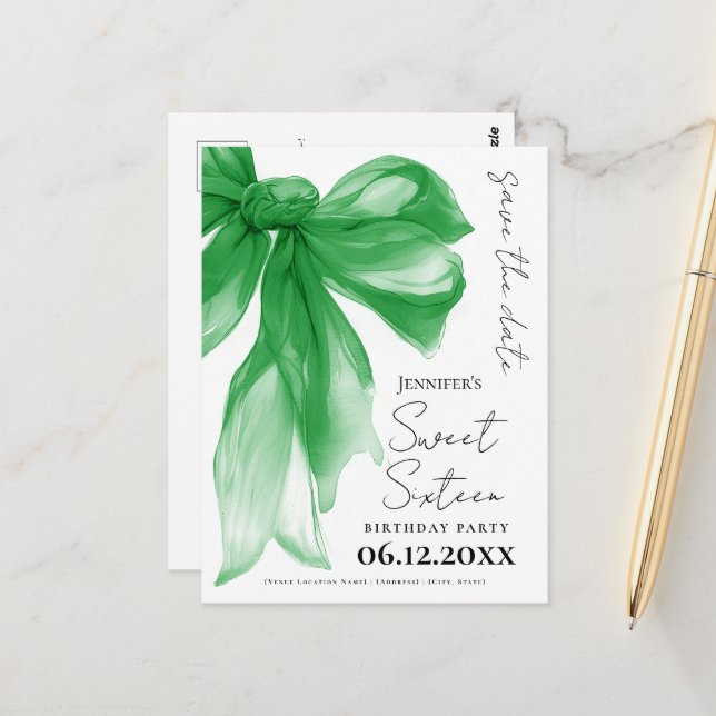 Carte Postale Green Bow Coquette Sweet 16 Save the Date  (Devant/Arrière en situation)