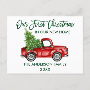Carte Postale Green Brush Script First Christmas New Home Truck