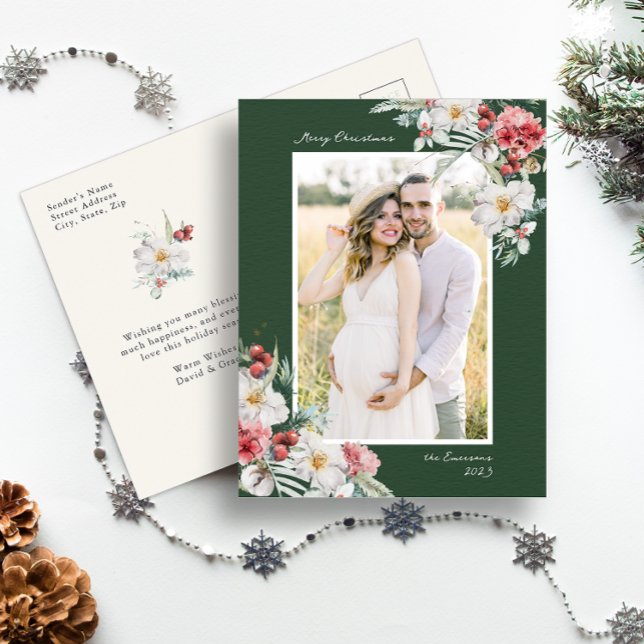 Carte postale Green Elegant Christmas Photo Holida (Green Merry Christmas Holiday Postcard Simple Elegant Watercolor Botanical Floral Berries)
