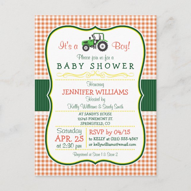 Carte Postale Green Farm Tractor Boy Baby shower Invitation (Devant)