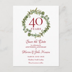 Carte Postale Green Garland 40e anniversaire Enregistrer la date