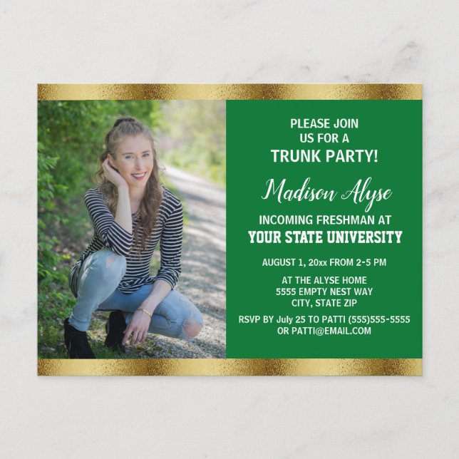 Carte Postale Green Gold College Trunk Graduation Party Photo (Devant)