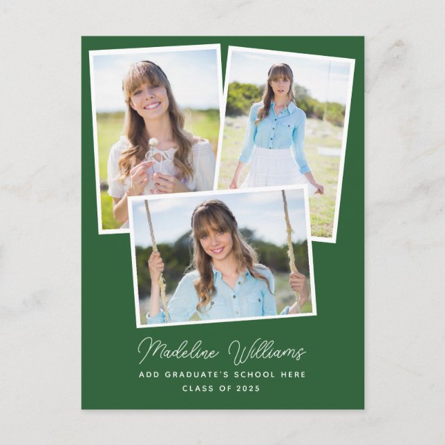 Carte Postale Green Modern Script Multi Photo Graduation (Devant)