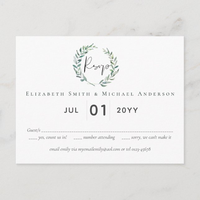 Carte Postale Green Olive Wreath Green Budget Wedding RSVP (Devant)