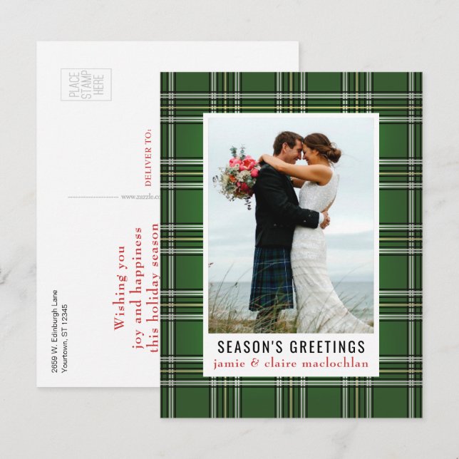 Carte Postale Green Plaid Classic One Photo Holiday (Devant / Derrière)