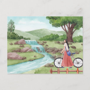 Carte Postale Green Scenery fille avec vélo Aquarelle