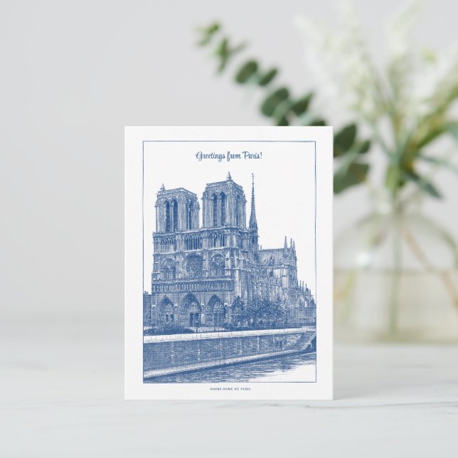 Carte Postale Greetins De Paris Elégant Bleu Rétro Notre Dame (Debout devant)