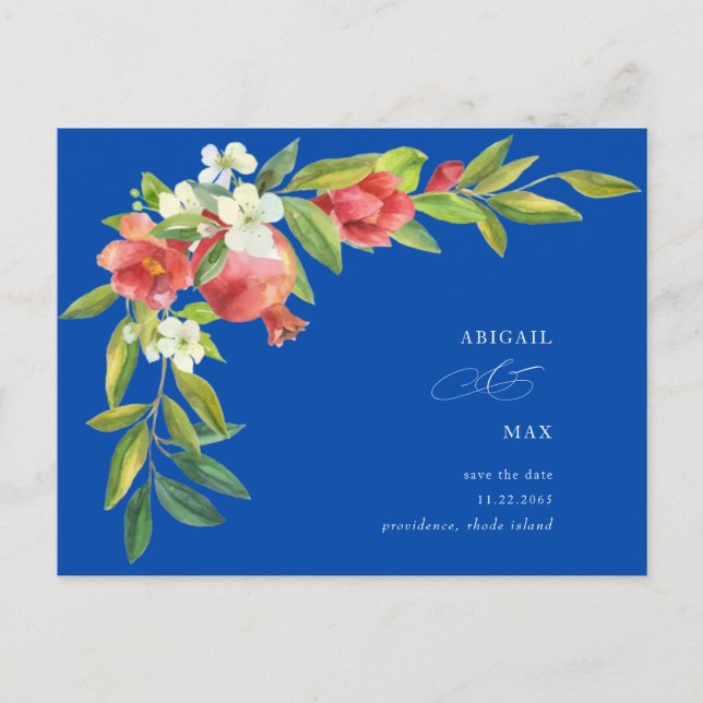 Carte Postale Grenade Bleu Cobalt Mariage Enregistrer la Date  (Devant)