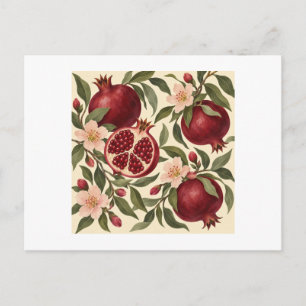 Carte Postale Grenades de Bourgogne et fleurs botaniques rose te