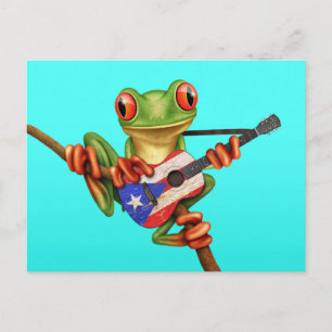 Carte Postale Grenouille Arbre Jouer Porto Rico Drapeau Guitare 