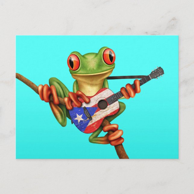 Carte Postale Grenouille Arbre Jouer Porto Rico Drapeau Guitare  (Devant)