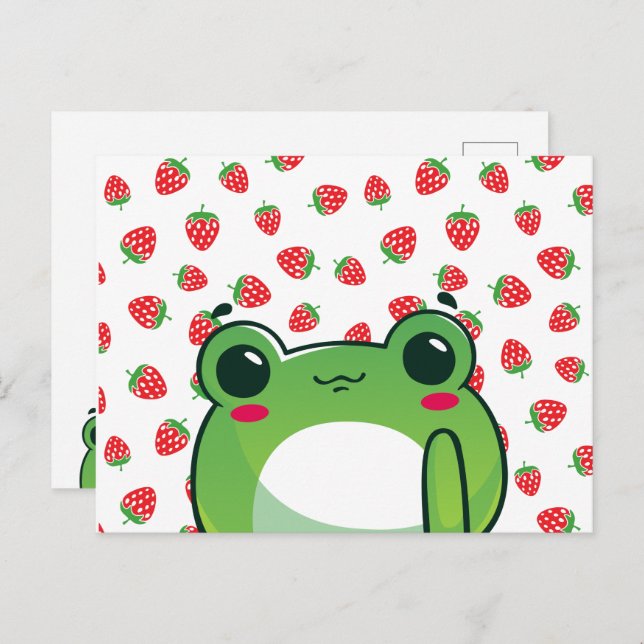 Carte postale Grenouille aux fraises Kawaii (Devant / Derrière)