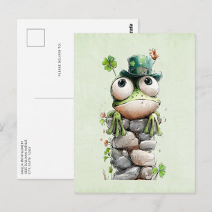 Carte Postale Grenouille avec chapeau vert et trèfle mignonne