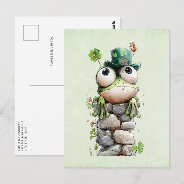 Carte Postale Grenouille avec chapeau vert et trèfle mignonne (Devant / Derrière)