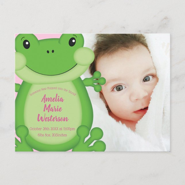 Carte Postale Grenouille Baby shower Rose fille (Devant)